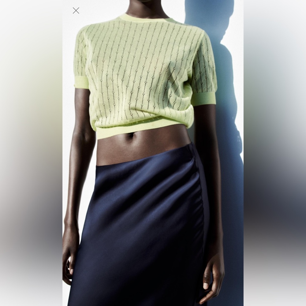 Zara Pointelle Lime Green Fine Knit Cropped Top - size small - NWT